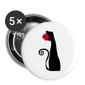 Schwarze Katze mit roter Rose, niedlichem gotischen Design - Buttons groß 56 mm (5er Pack) - Weiß - Vorne
