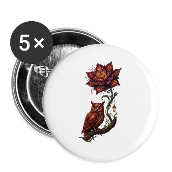 Leuchtende Eule und Feuerblume - Buttons groß 56 mm (5er Pack) - Weiß - Vorne