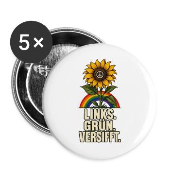 Links Grün Versifft – Sonnenblume und Peace - Buttons groß 56 mm (5er Pack) - Weiß - Vorne