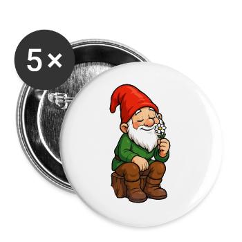 Gartenzwerg mit Blume – Fröhlicher Cartoon - Buttons groß 56 mm (5er Pack) - Weiß - Vorne