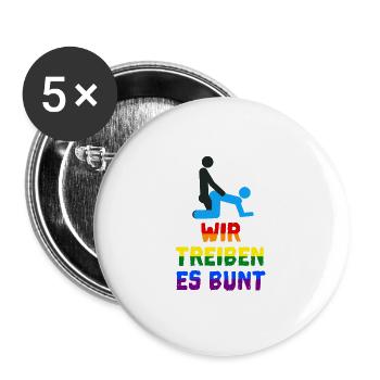 Wir treiben es bunt! funny gay pride - Buttons groß 56 mm (5er Pack) - Weiß - Vorne