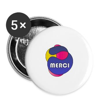 MERCI. THANKS. THANK YOU. ANNIVERSAIRE. NAISSANCE. - Lot de 5 grands badges (56 mm) - blanc - Devant