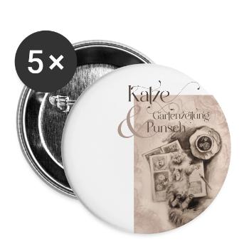 Katze, Gartenzeitung und Punsch II - Buttons groß 56 mm (5er Pack) - Weiß - Vorne