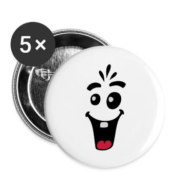 Lachendes Freundliches Glückliches Comic Gesicht - Buttons groß 56 mm (5er Pack) - Weiß - Vorne