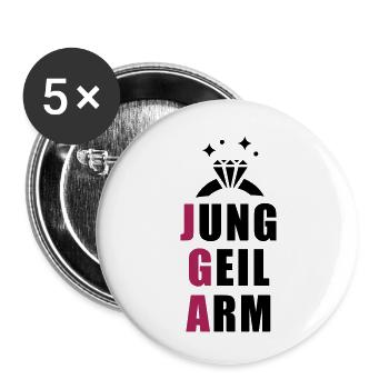 jung, geil arm - JGA T-Shirt - JGA Shirt - Party - Buttons groß 56 mm (5er Pack) - Weiß - Vorne