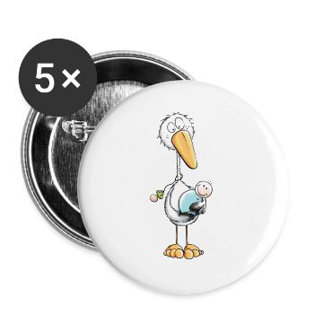 Storch bring Babyglück - Junge - Baby Geschenk - Buttons groß 56 mm (5er Pack) - Weiß - Vorne