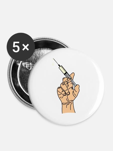 Hand mit Impfspritze 5 - Buttons groß 56 mm (5er Pack) - Weiß