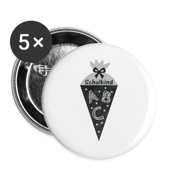 Schulkind 2026 - Schultüte in Tafeloptik - grau - Buttons groß 56 mm (5er Pack) - Weiß - Vorne