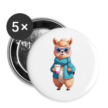 Coffee Alpaca in Hoodie with Glasses - Buttons large 2.2''/56 mm (5-pack) - white - Front