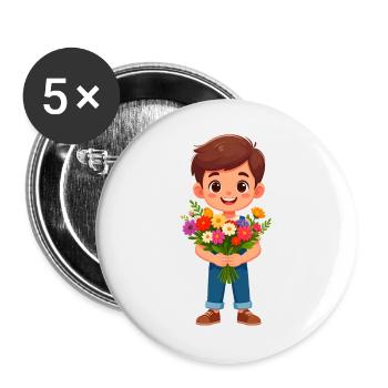 Comic-Junge mit buntem Blumenstrauß – Geschenk - Buttons groß 56 mm (5er Pack) - Weiß - Vorne