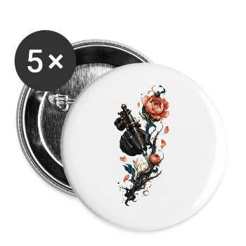 Steampunk-Nadel und Blumen - Buttons groß 56 mm (5er Pack) - Weiß - Vorne