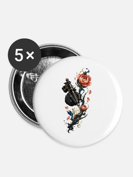 Steampunk-Nadel und Blumen - Buttons groß 56 mm (5er Pack) - Weiß