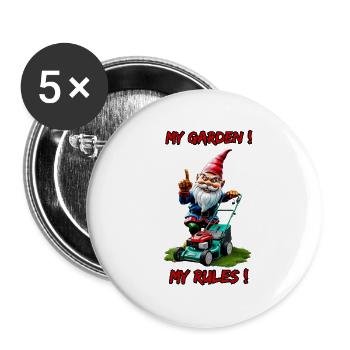 My Garden! My Rules!-Lawn Mower Garden Gnome Gardener - Buttons large 2.2''/56 mm (5-pack) - white - Front