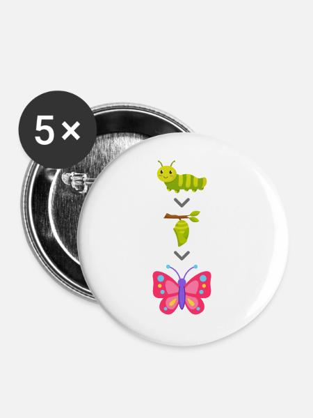 Raupe zu Schmetterling Verwandlung - Buttons groß 56 mm (5er Pack) - Weiß