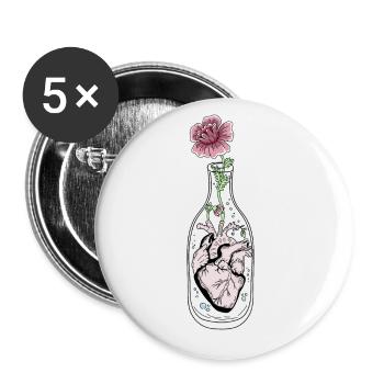Herz in einer Vase Zeichnung Vintage Blumen Design - Buttons groß 56 mm (5er Pack) - Weiß - Vorne