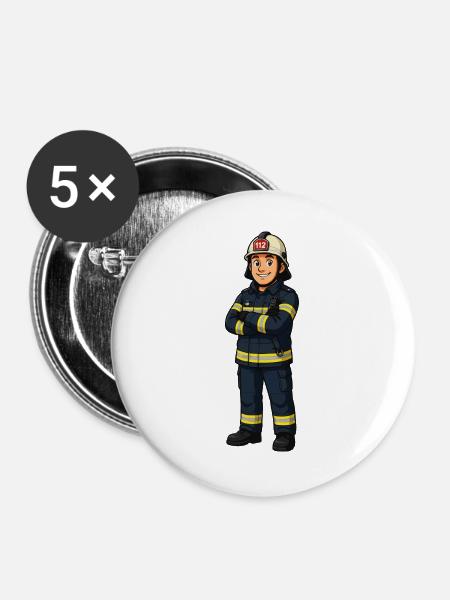 Feuerwehr Cartoon-Heldenlook - Buttons groß 56 mm (5er Pack) - Weiß