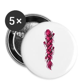 Pinker Zopf mit Pinsel - Buttons groß 56 mm (5er Pack) - Weiß - Vorne