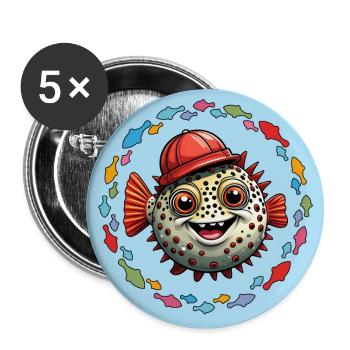 Kugelfisch mit roter Basecap und bunten Fischen - Buttons groß 56 mm (5er Pack) - Weiß - Vorne