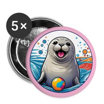 Drôle de phoque riant phoque avec boule - Lot de 5 grands badges (56 mm) - blanc - Devant