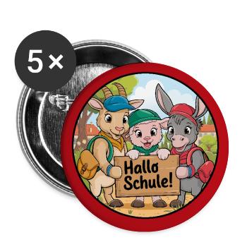 Einschulung Hallo Schule mit lustigen Tieren - Buttons groß 56 mm (5er Pack) - Weiß - Vorne