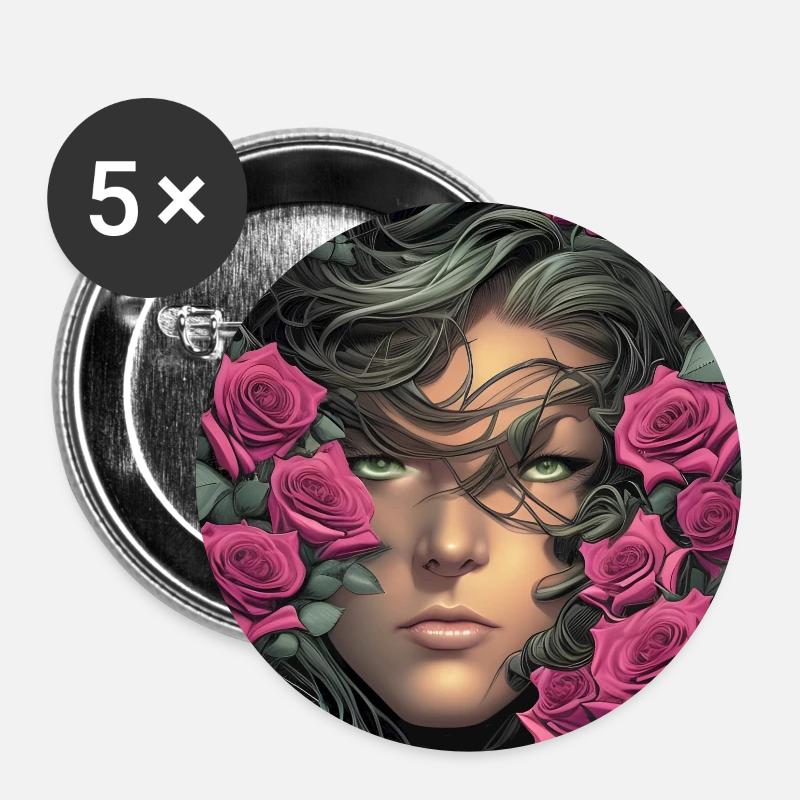 Frau mit rosa Rosen auf Kopfbemalung - Buttons groß 56 mm (5er Pack) - Weiß