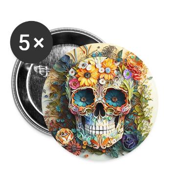 Totenkopf Kunst Aquarell Blumen Design 2 - Buttons groß 56 mm (5er Pack) - Weiß - Vorne