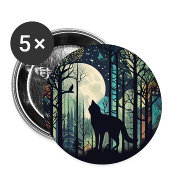 Katze im Wald mit Vollmond, Bäumen - Buttons groß 56 mm (5er Pack) - Weiß - Vorne