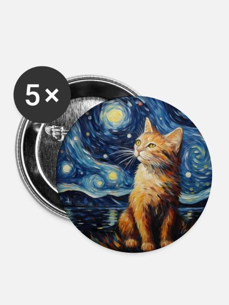 Katze, katzenmotiv, van gogh, sternennacht - Buttons groß 56 mm (5er Pack) - Weiß