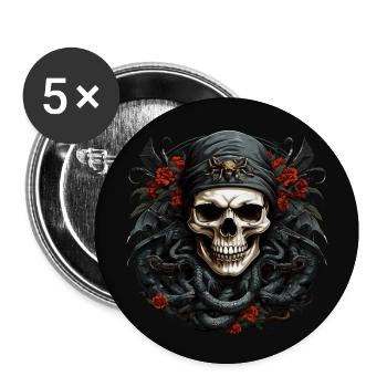 Dekorativer Schädel mit Schlangen - Buttons groß 56 mm (5er Pack) - Weiß - Vorne