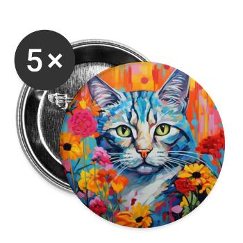 Katze, katzenmotiv, blumen, geschenk, geschenkidee - Buttons groß 56 mm (5er Pack) - Weiß - Vorne