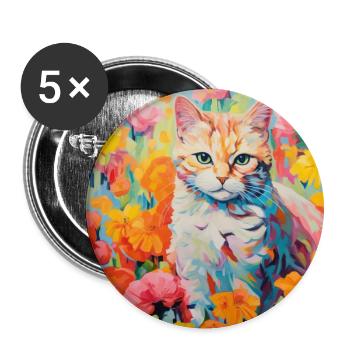 chat, motif de chat, fleurs, cadeau, idée cadeau - Lot de 5 grands badges (56 mm) - blanc - Devant