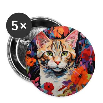 chat, motif de chat, fleurs, cadeau, idée cadeau - Lot de 5 grands badges (56 mm) - blanc - Devant