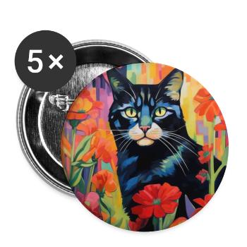 cat, cat motif, flowers, gift, gift idea - Buttons large 2.2''/56 mm (5-pack) - white - Front