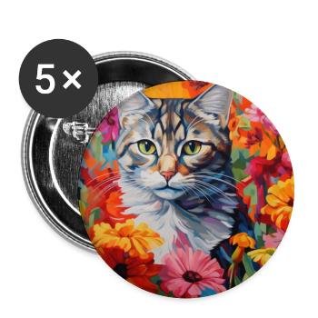 Katze, katzenmotiv, blumen, geschenk, geschenkidee - Buttons groß 56 mm (5er Pack) - Weiß - Vorne