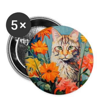 Katze, katzenmotiv, blumen, geschenk, geschenkidee - Buttons groß 56 mm (5er Pack) - Weiß - Vorne