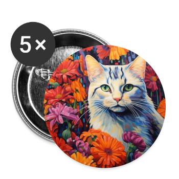 Katze, katzenmotiv, blumen, geschenk, geschenkidee - Buttons groß 56 mm (5er Pack) - Weiß - Vorne
