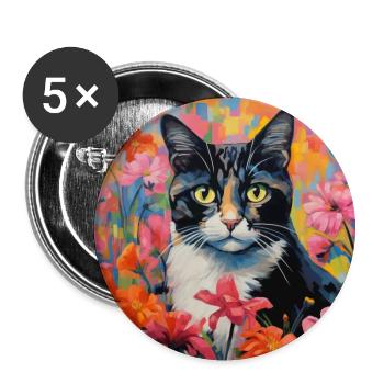 chat, motif de chat, fleurs, cadeau, idée cadeau - Lot de 5 grands badges (56 mm) - blanc - Devant