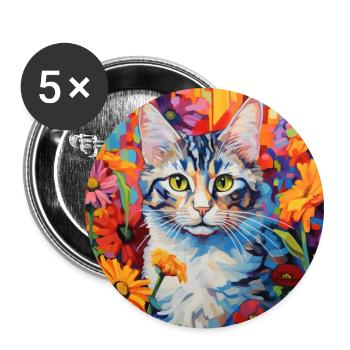 chat, motif de chat, fleurs, cadeau, idée cadeau - Lot de 5 grands badges (56 mm) - blanc - Devant