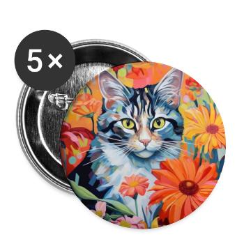 chat, motif de chat, fleurs, cadeau, idée cadeau - Lot de 5 grands badges (56 mm) - blanc - Devant