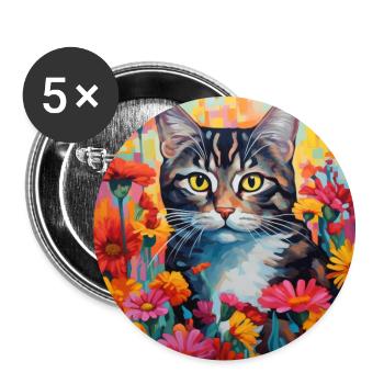 chat, motif de chat, fleurs, cadeau, idée cadeau - Lot de 5 grands badges (56 mm) - blanc - Devant