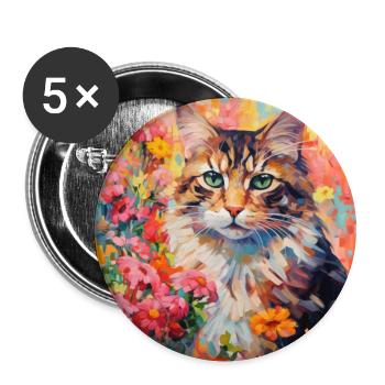 chat, motif de chat, fleurs, cadeau, idée cadeau - Lot de 5 grands badges (56 mm) - blanc - Devant