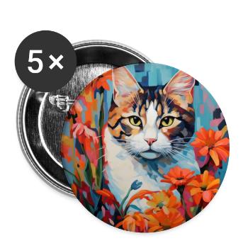 cat, cat motif, flowers, gift, gift idea - Buttons large 2.2''/56 mm (5-pack) - white - Front