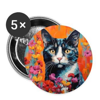 chat, motif de chat, fleurs, cadeau, idée cadeau - Lot de 5 grands badges (56 mm) - blanc - Devant