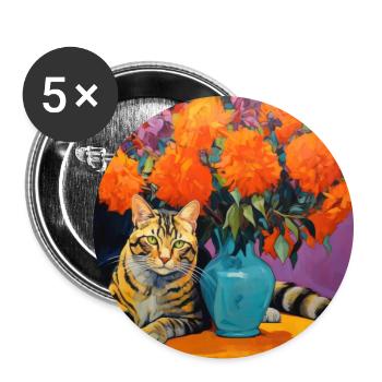 chat, motif de chat, fleurs, cadeau, idée cadeau - Lot de 5 grands badges (56 mm) - blanc - Devant