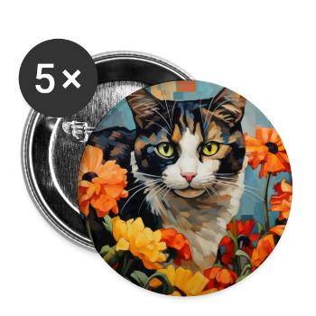 Katze, katzenmotiv, blumen, geschenk, geschenkidee - Buttons groß 56 mm (5er Pack) - Weiß - Vorne