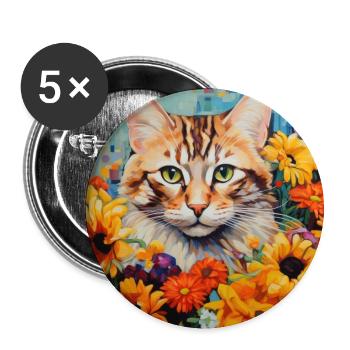 Katze, katzenmotiv, blumen, geschenk, geschenkidee - Buttons groß 56 mm (5er Pack) - Weiß - Vorne