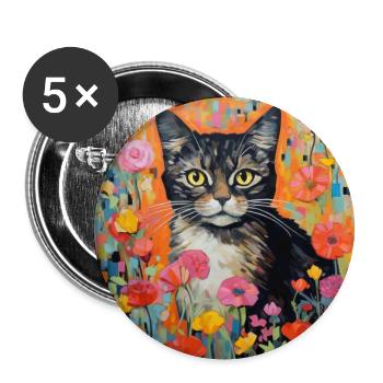 chat, motif de chat, fleurs, cadeau, idée cadeau - Lot de 5 grands badges (56 mm) - blanc - Devant