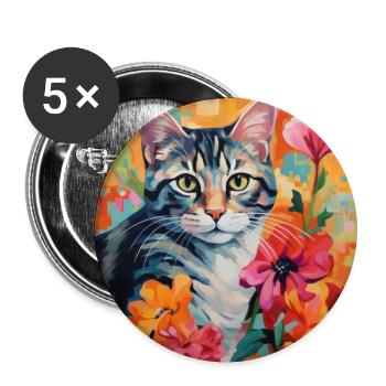 chat, motif de chat, fleurs, cadeau, idée cadeau - Lot de 5 grands badges (56 mm) - blanc - Devant