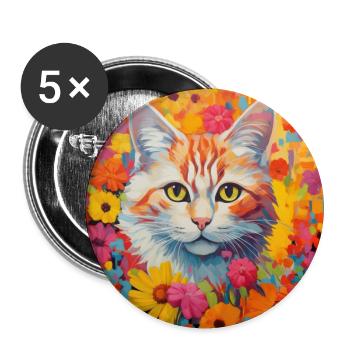 Katze, katzenmotiv, blumen, geschenk, geschenkidee - Buttons groß 56 mm (5er Pack) - Weiß - Vorne