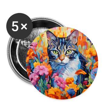 chat, motif de chat, fleurs, cadeau, idée cadeau - Lot de 5 grands badges (56 mm) - blanc - Devant